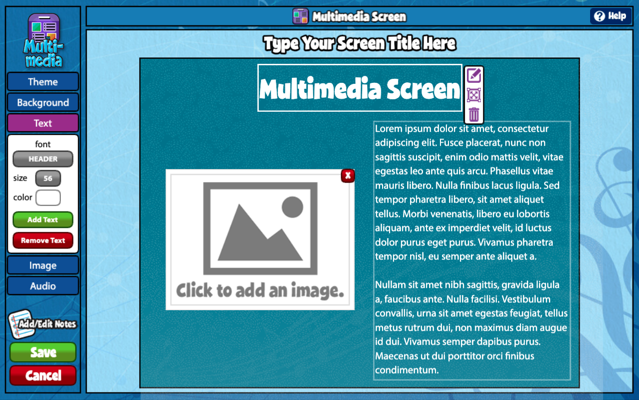 Screen-Shot-2022-12-09-at-11200-PM – QuaverEd A screenshot example of the multimedia screen, as described in this section, with the text editor highlighted.